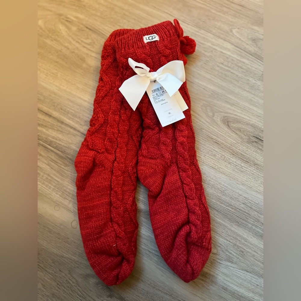 UGG Poppy Red Knit Socks with White Bow